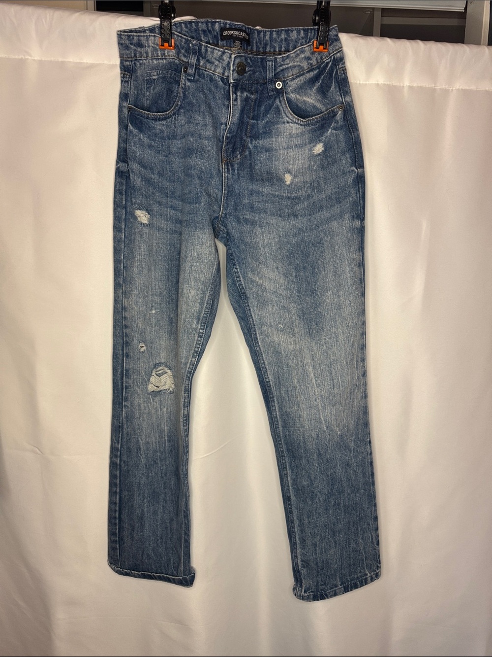 Crooks & Castles Distressed Light Blue Straight Jeans 30X30.